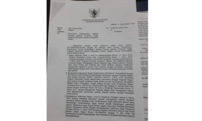 Ket foto : Surat dari Kementerian Dalam Negeri berisikan penundaan pelaksanaan seleksi terbuka jabatan pimpinan tertinggi pratama Sekretaris Daerah (Sekda) Kabupaten Gresik.